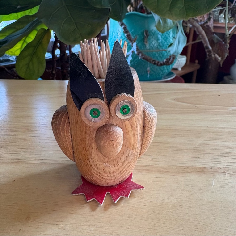 Enesco Wooden Owl 1970s toothpick holder